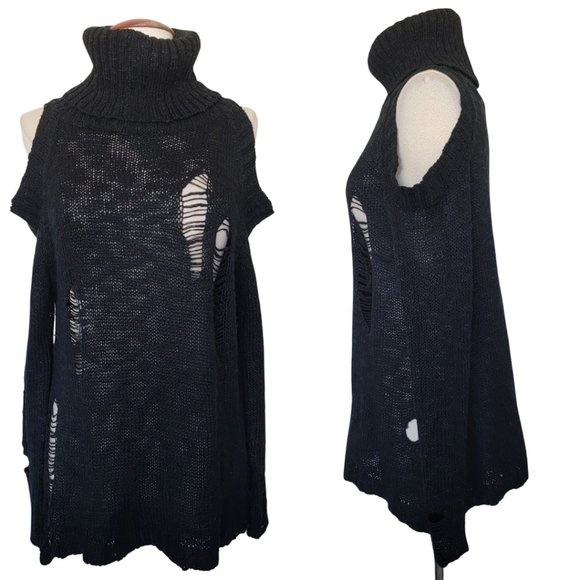 easel Distressed Open Shoulder Sweater - Black - Picture 3 of 5